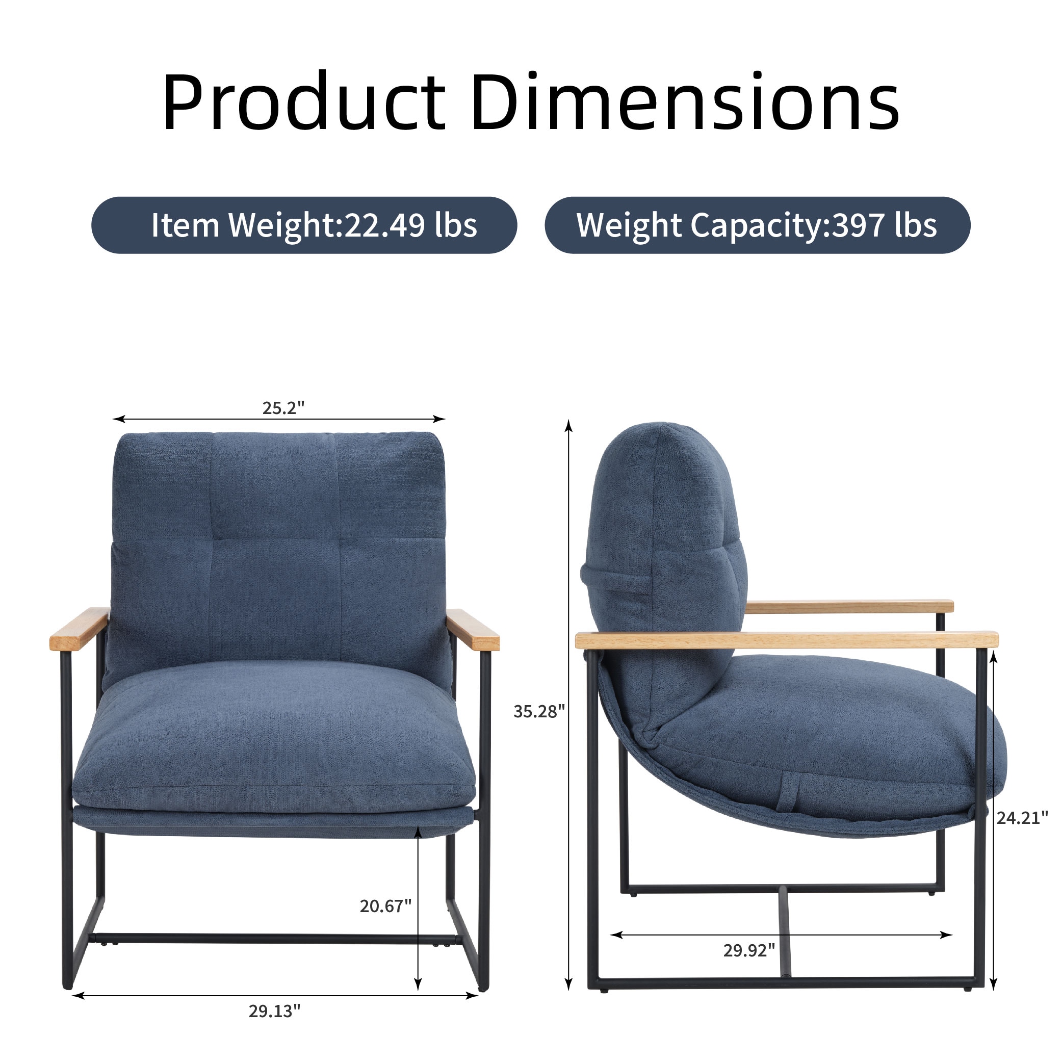 Modern Accent Chair, Comfy Chair With Removable Cushion, Vanity Chair With Wood Armrests For Living Room, Bedroom, Blue_voghion.com